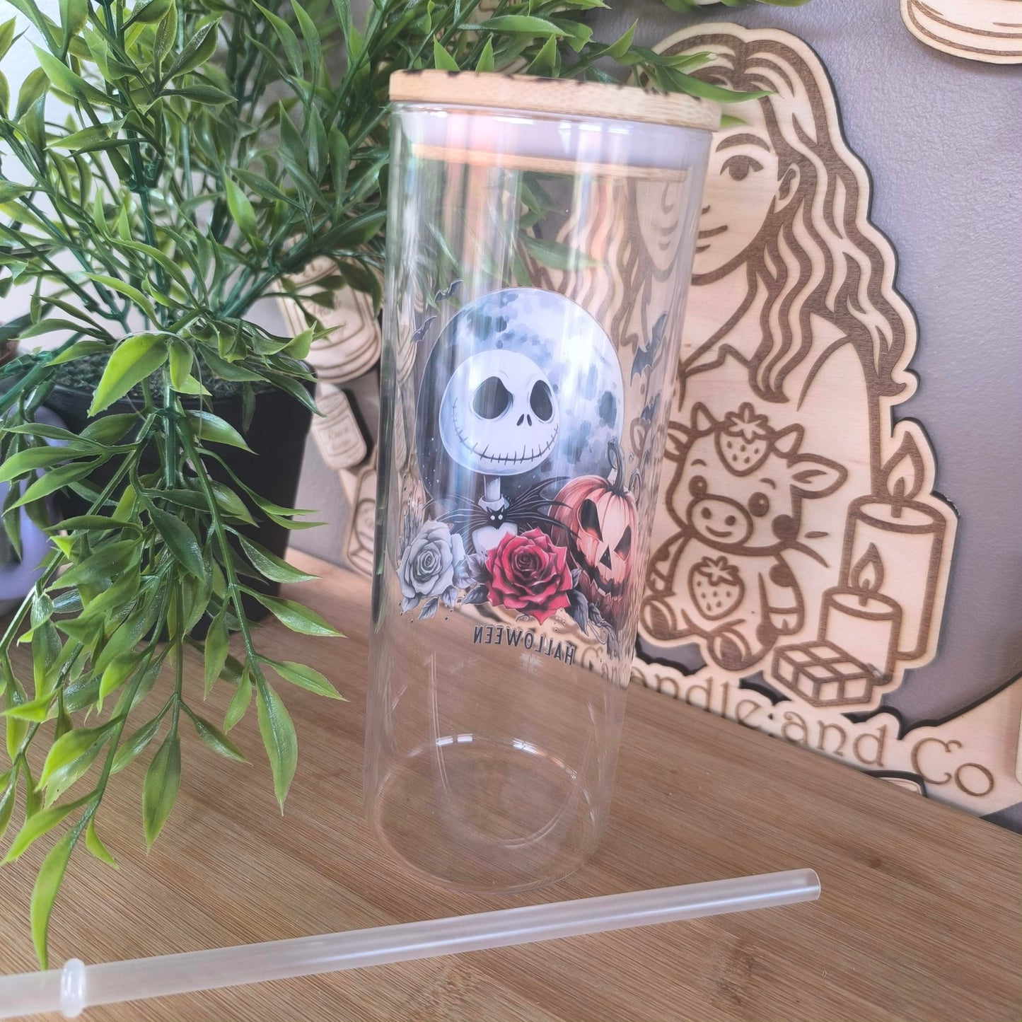 Verre Paille et bambou gravé "Halloween"