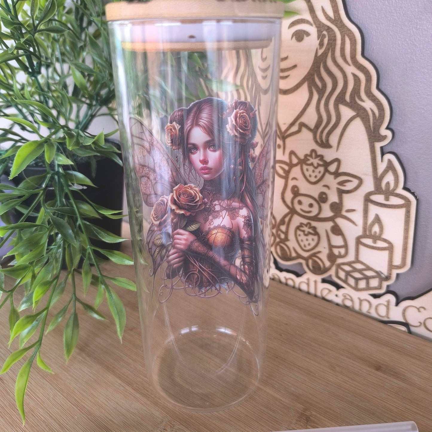 Verre Paille et bambou gravé "fée steampunk"