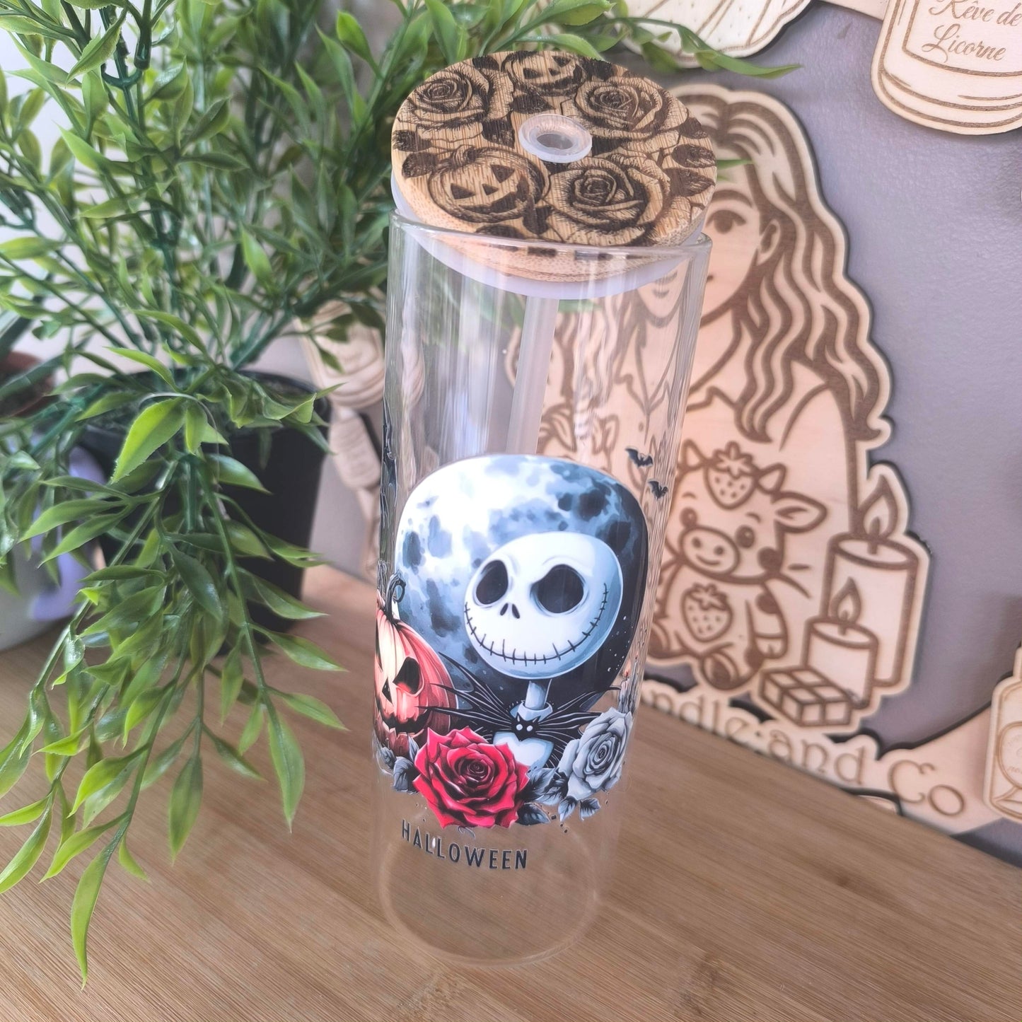 Verre Paille et bambou gravé "Halloween"