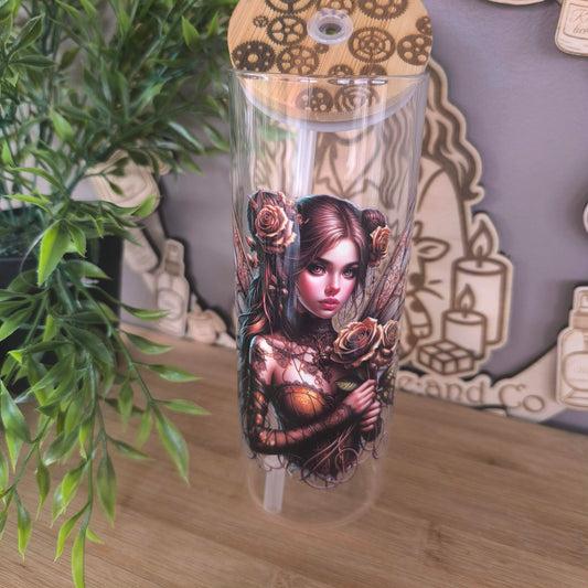 Verre Paille et bambou gravé "fée steampunk"